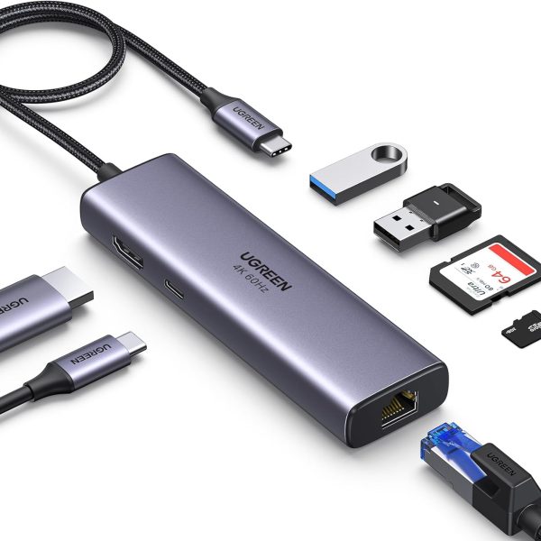 Adapter Hub UGREEN, USB-C to 2x USB 3.0, HDMI 4K30Hz, RJ45, SD/TF (CM512 90568)