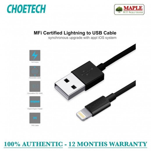 CHOETECH LIGHTNING TO USB A CABLE 2M - BLACK
