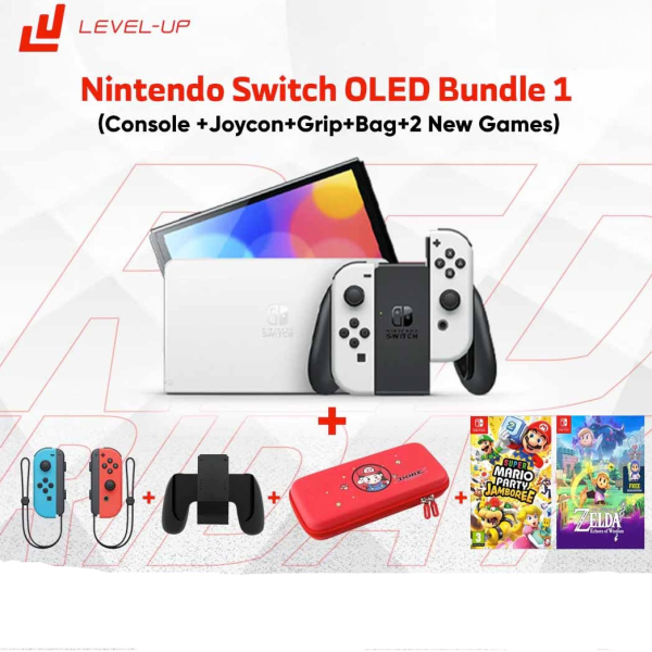 Nintendo Switch OLED Bundle 1: (Console +Joycon+Grip+Bag+2 New Games Mario Party Jamboree & Legend of Zelda: Echoes of Wisdom)