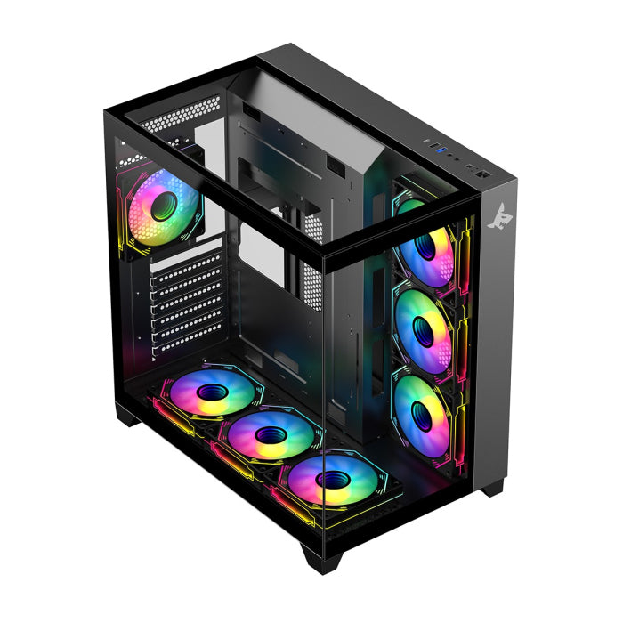 PC Case Sharx Profin GX700 Mid Tower Two Side Panel Front & Left Side Tempered Glass with 7 ARGB Fans - Black